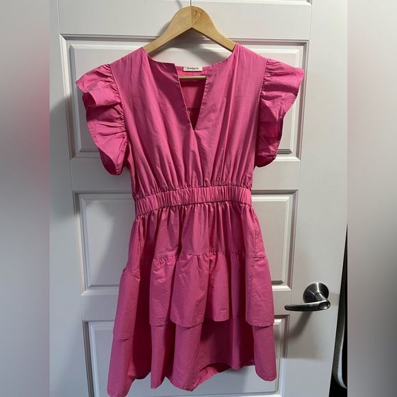 **SOLD** Sunday Up bright pink tiered v-neck dress with frill. - Picture 2 of 7